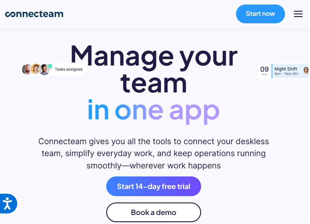 Connecteam mobile homepage featuring the headline “Manage your team in one app,” with visuals for task assignments and shift scheduling, plus calls to action for a free trial and product demo.