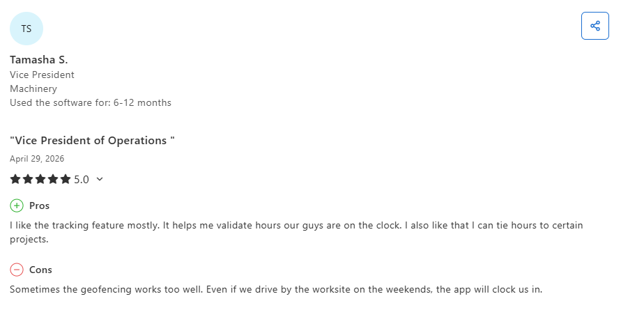 Capterra review highlighting Workyard's GPS-based employee tracking, jobsite visibility, time tracking, and workforce management tools for contractors managing crews across multiple locations.