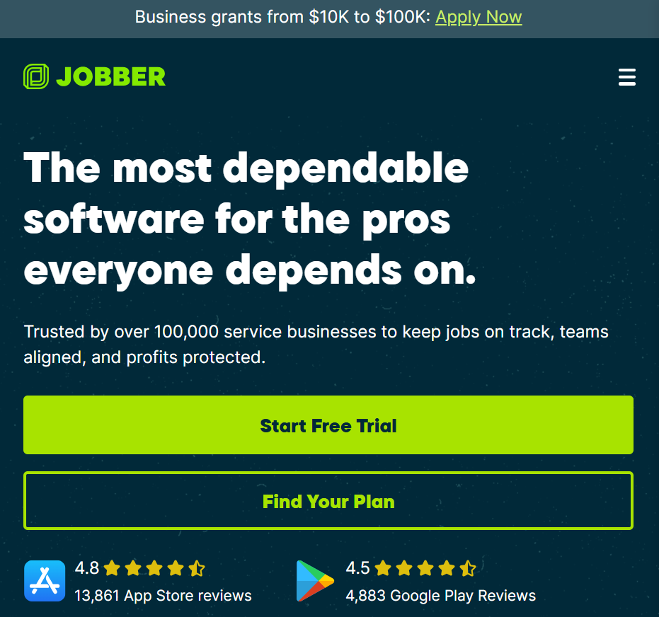 Jobber mobile homepage featuring the headline “The most dependable software for the pros everyone depends on,” highlighting scheduling, job management, and business operations tools for service businesses, with free trial and plan selection calls to action.