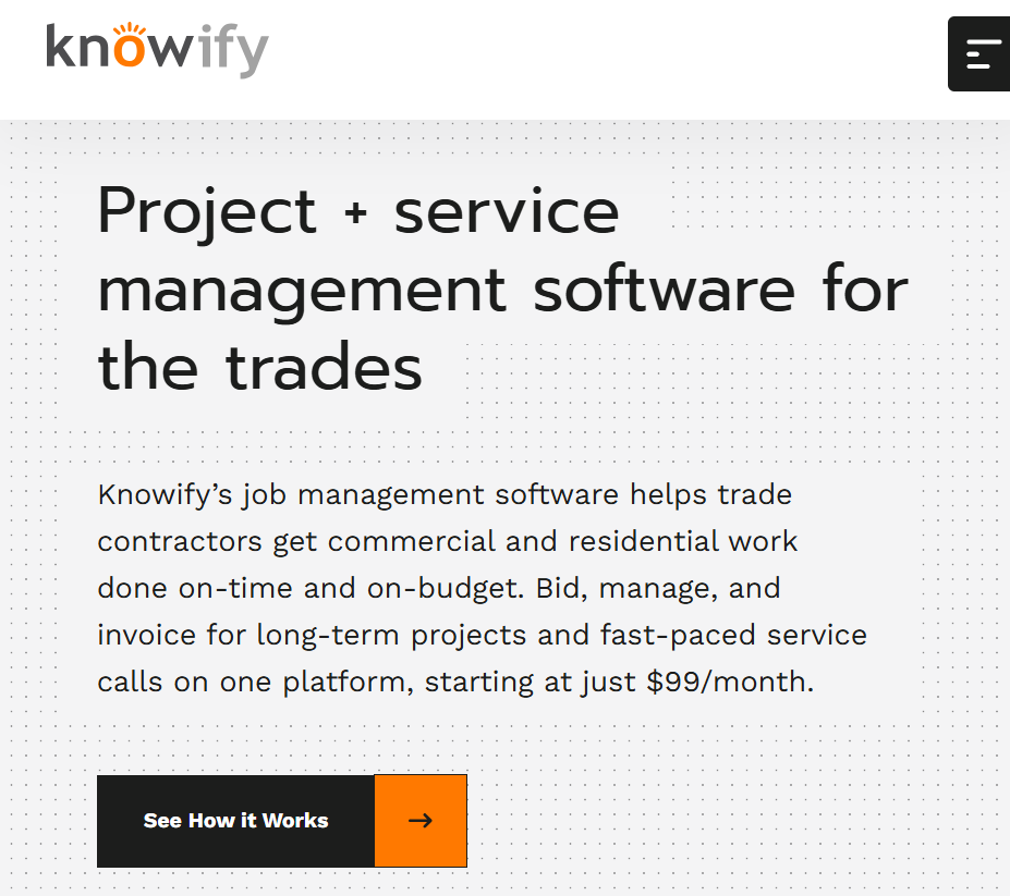 Knowify mobile homepage featuring the headline “Project + service management software for the trades,” highlighting estimating, project management, invoicing, and service management tools for trade contractors on a single platform.