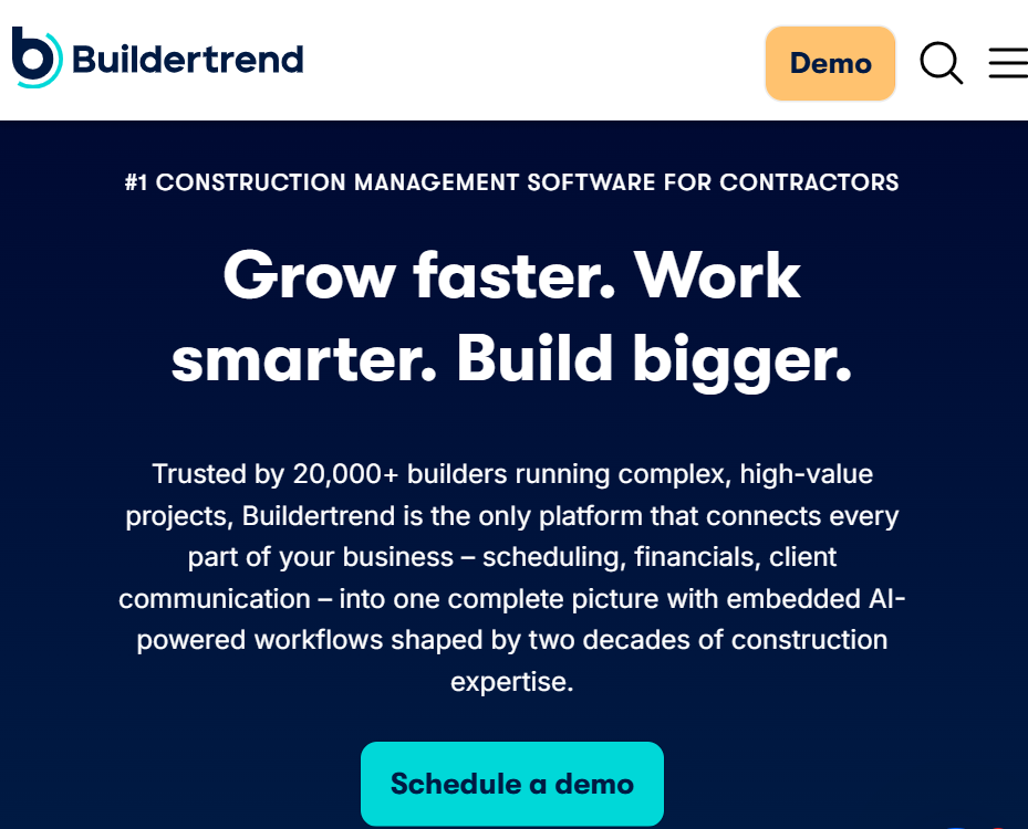 Buildertrend mobile homepage featuring the headline “Grow faster. Work smarter. Build bigger.” and highlighting construction project management, scheduling, financial management, client communication, and AI-powered workflows for contractors.