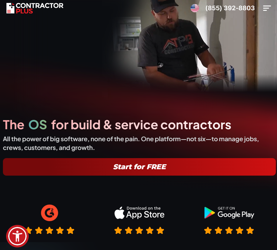 Contractor+ mobile homepage featuring the headline “The OS for build & service contractors,” highlighting job management, crew scheduling, customer management, and business operations tools in a single platform for contractors.