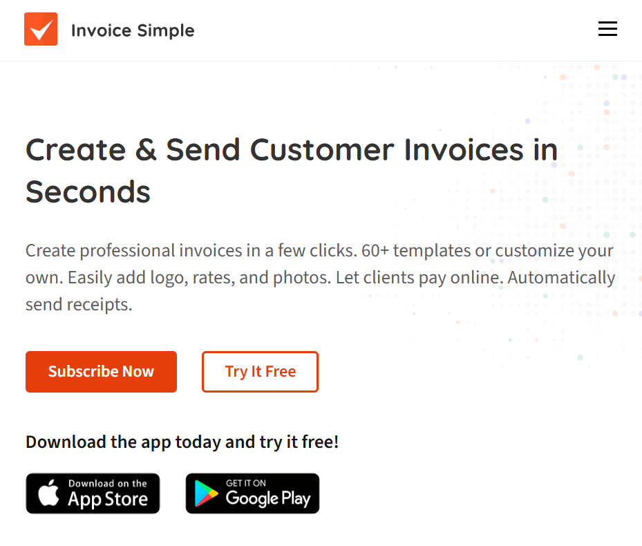 Invoice Simple mobile homepage featuring the headline “Create & Send Customer Invoices in Seconds,” highlighting invoice creation, online payments, customizable templates, and mobile invoicing tools for small businesses and contractors.
