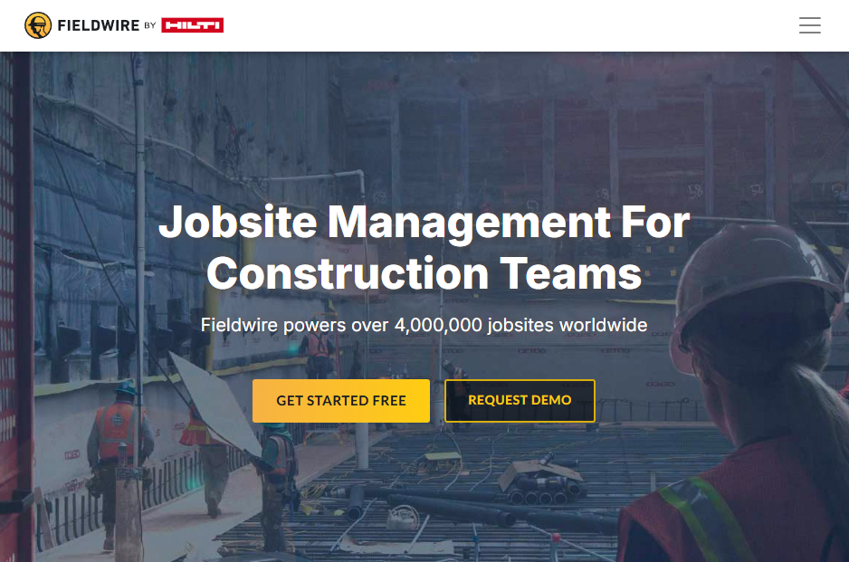 Fieldwire by Hilti homepage hero section for jobsite management software, with “Get Started Free” and “Request Demo” buttons over a construction site background.