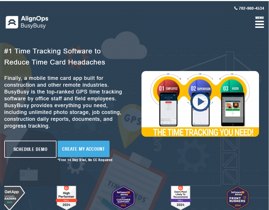 BusyBusy landing page for GPS time tracking software, showing construction-focused messaging, schedule demo and create account buttons, a time tracking video preview, and software award badges.