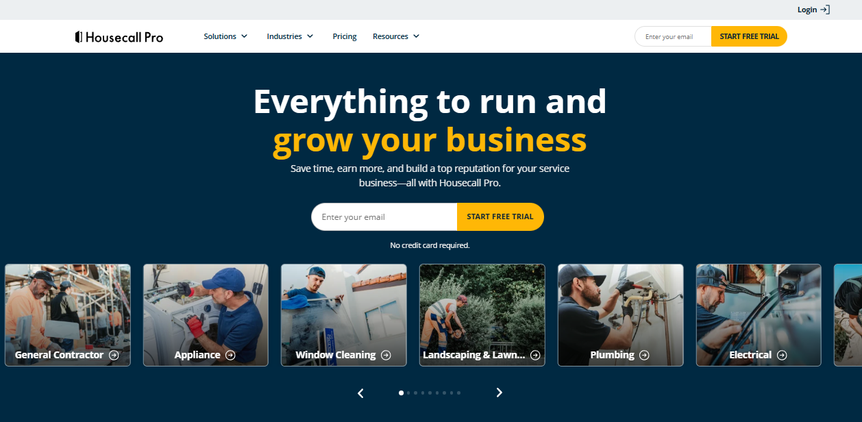 Housecall Pro homepage promoting business management software for home service professionals, with a free-trial form and industry category images.