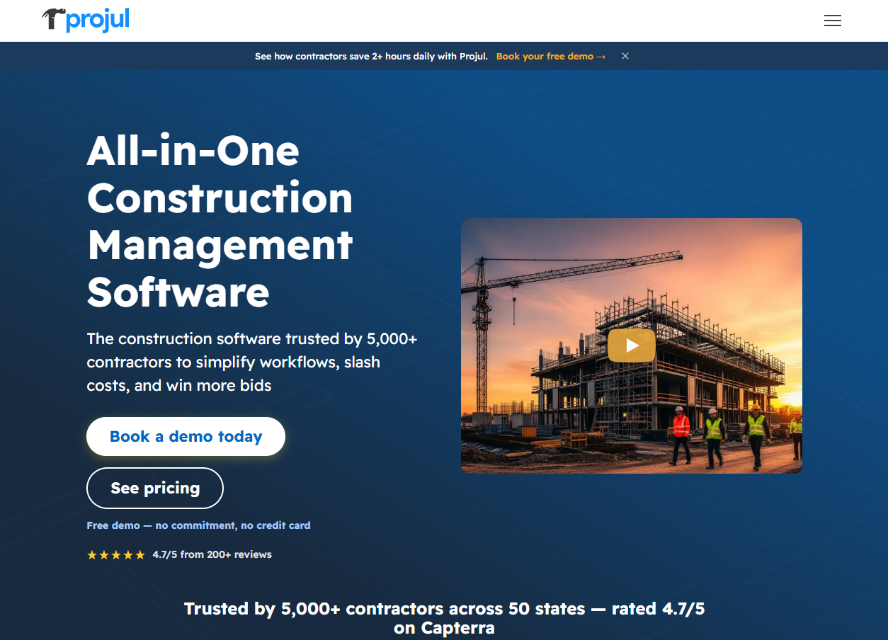 Projul homepage promoting all-in-one construction management software, with demo and pricing buttons beside a construction site image.