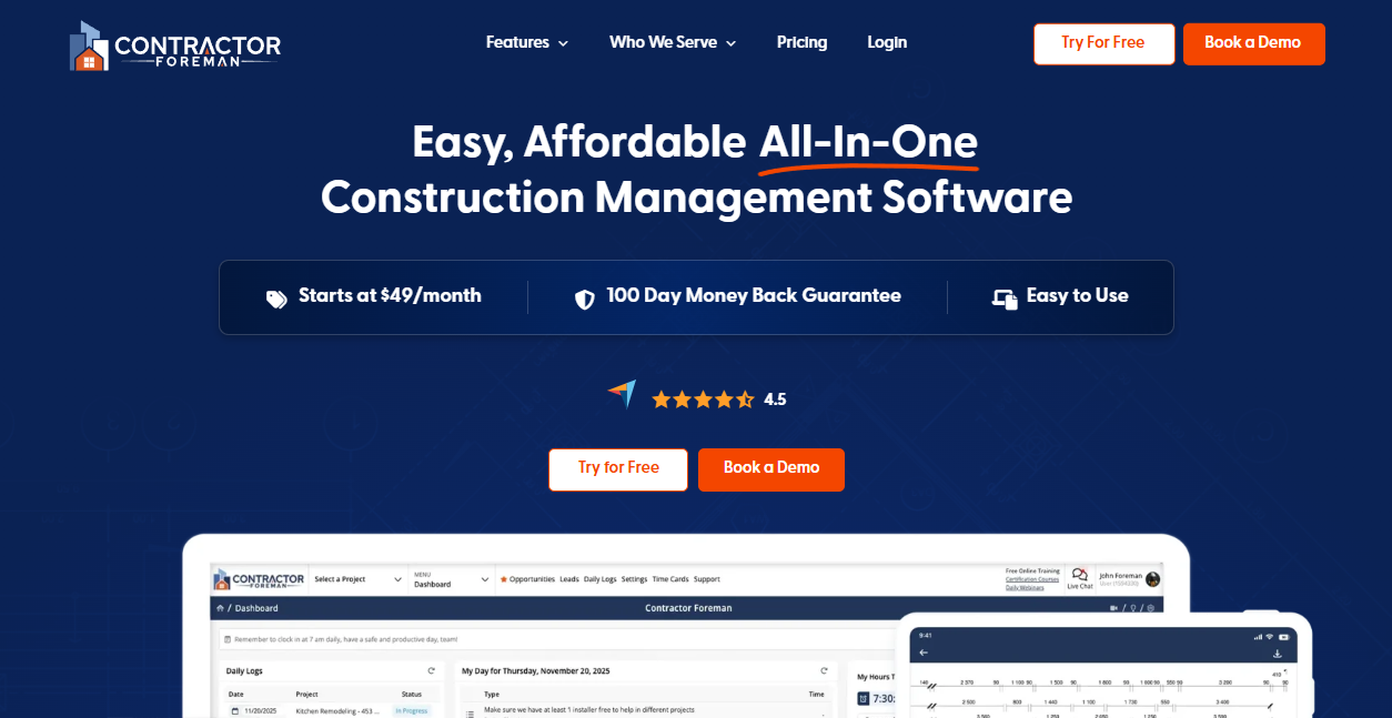 Contractor Foreman homepage promoting affordable all-in-one construction management software, with pricing, guarantee, rating, and free-trial buttons.