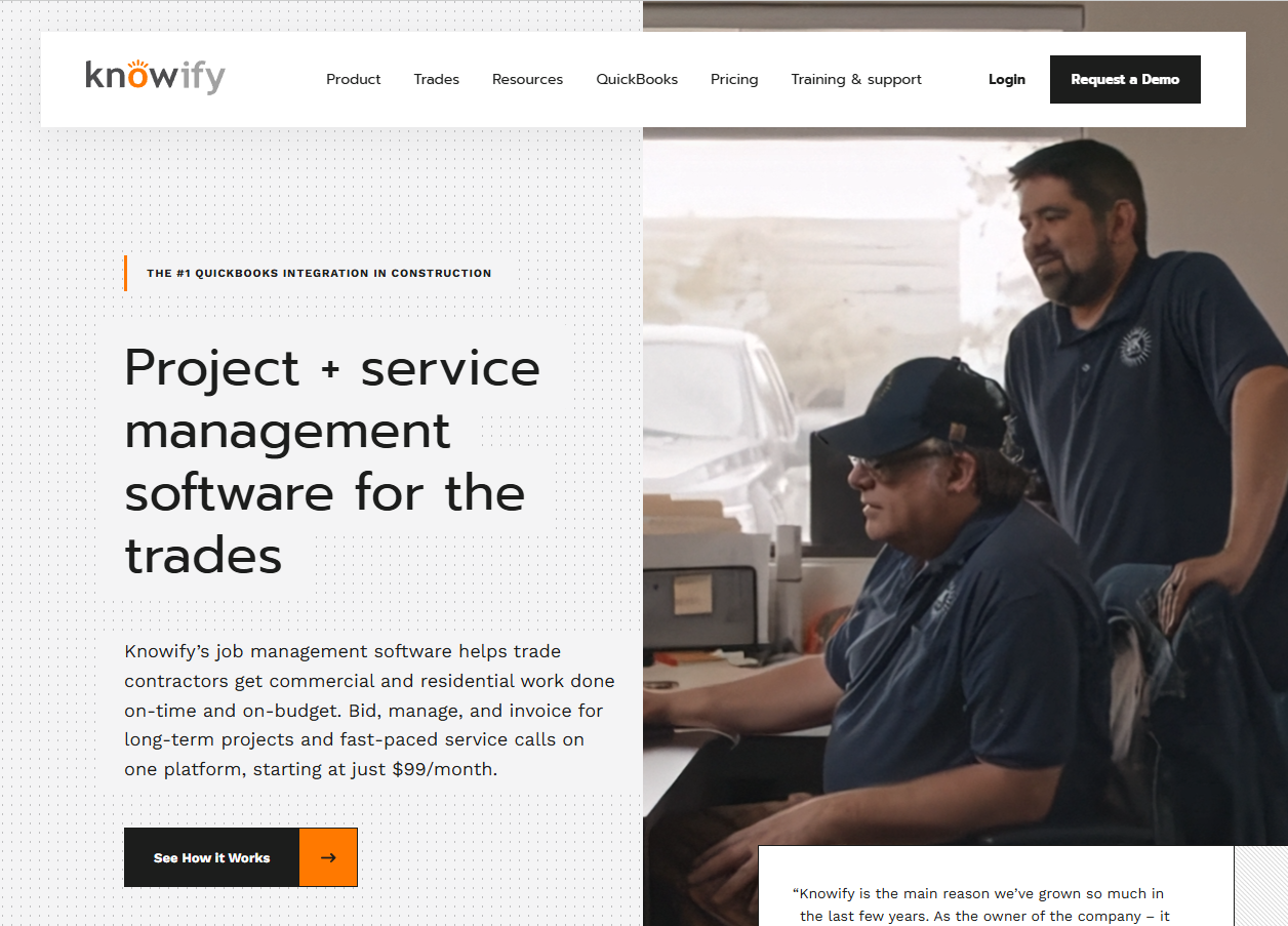 Knowify homepage promoting project and service management software for trade contractors, with a “See How It Works” button and an image of two workers.