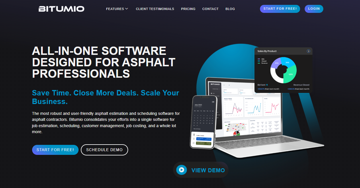 Bitumio homepage promoting all-in-one asphalt business software, with dashboard previews and buttons to start free or schedule a demo.