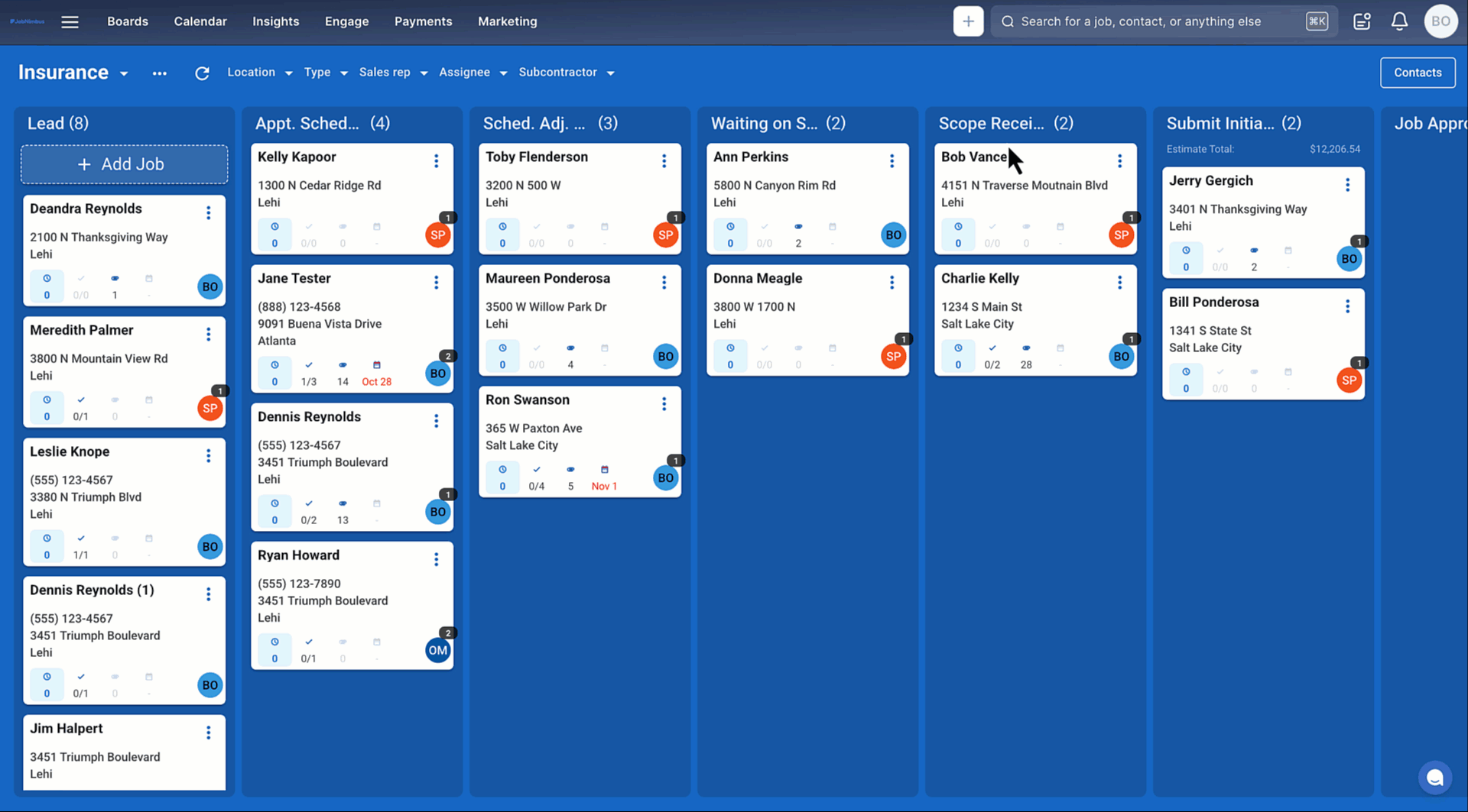 JobNimbus insurance workflow board showing jobs organized by stages, from leads and appointments to estimates and approvals.