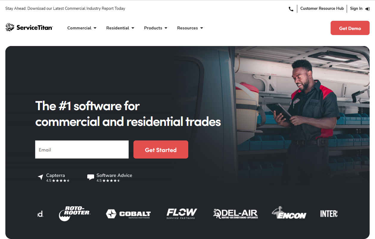 ServiceTitan homepage promoting software for commercial and residential trades, with a technician beside a service van and a “Get Started” form.