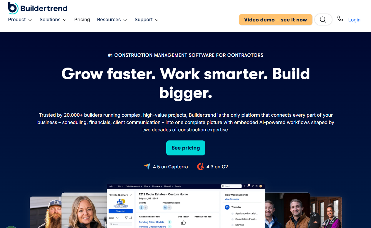 Buildertrend homepage promoting construction management software for contractors, with pricing, customer ratings, and a platform dashboard preview.