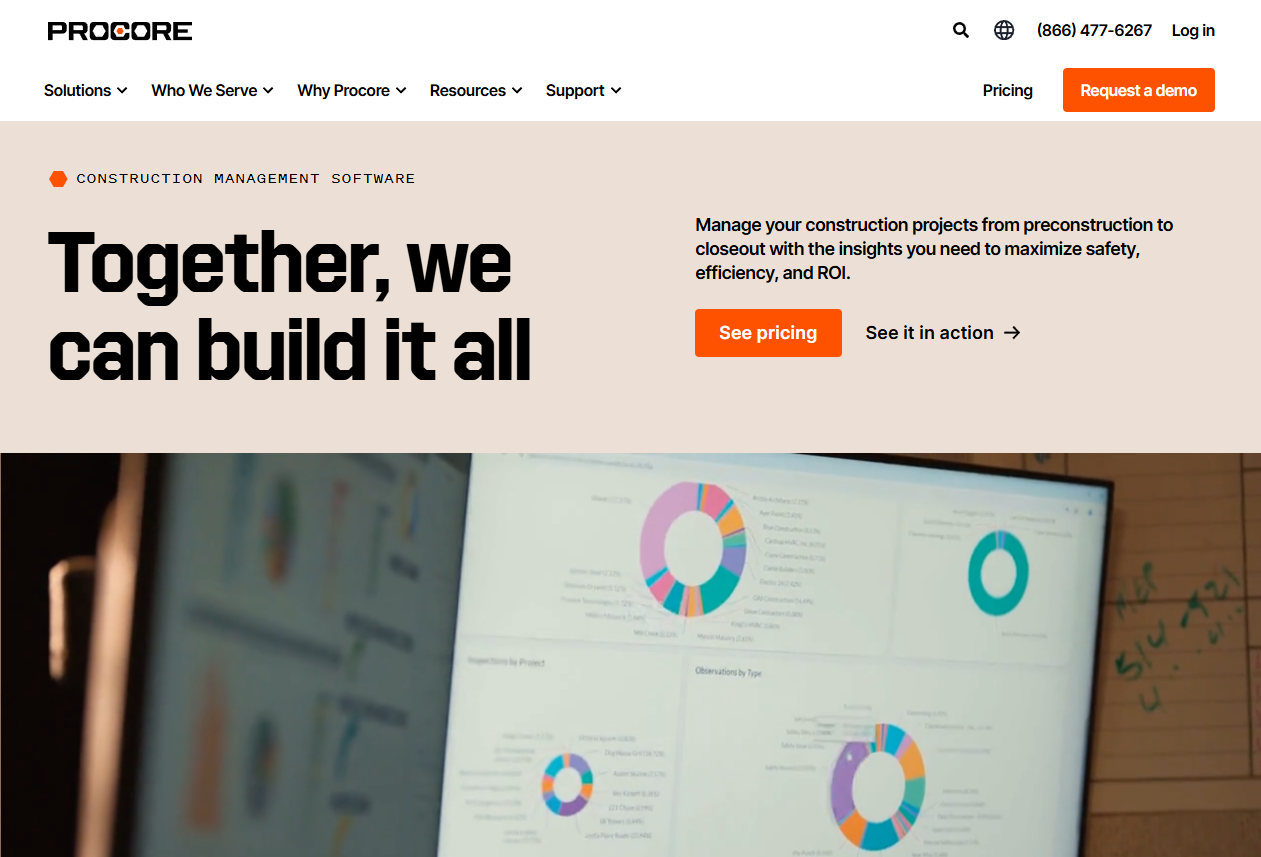 Procore homepage promoting construction management software, with pricing and demo options above a project analytics dashboard.