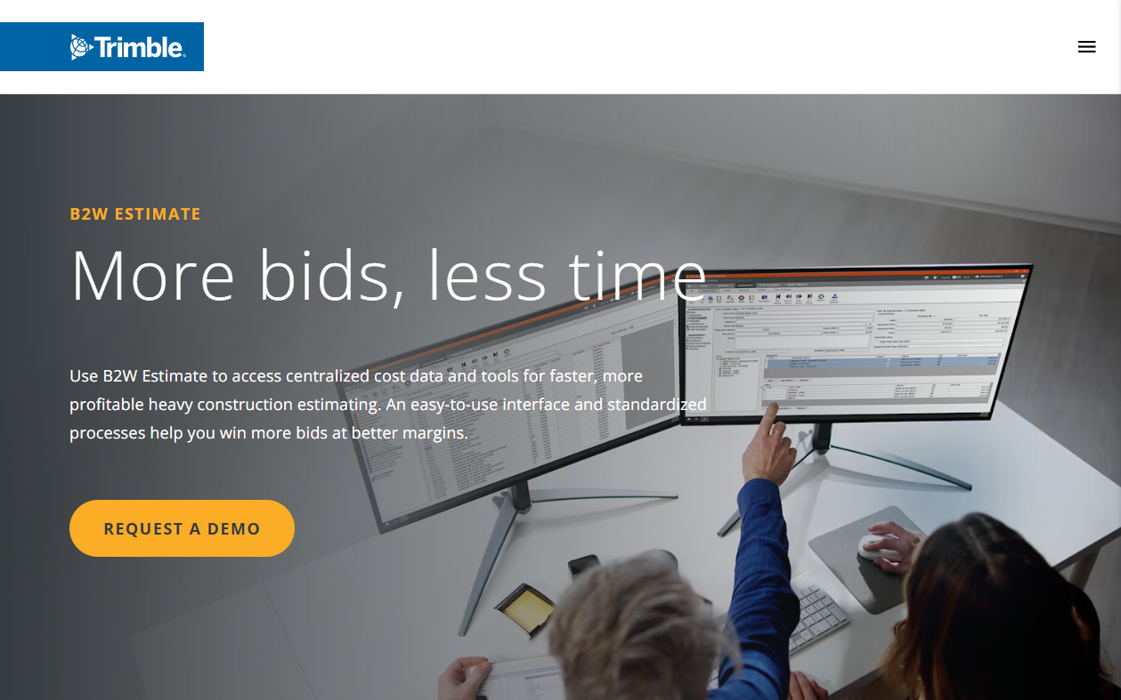 Trimble B2W Estimate webpage promoting faster, more profitable heavy construction estimating, with dual-monitor software screens and a “Request a Demo” button.