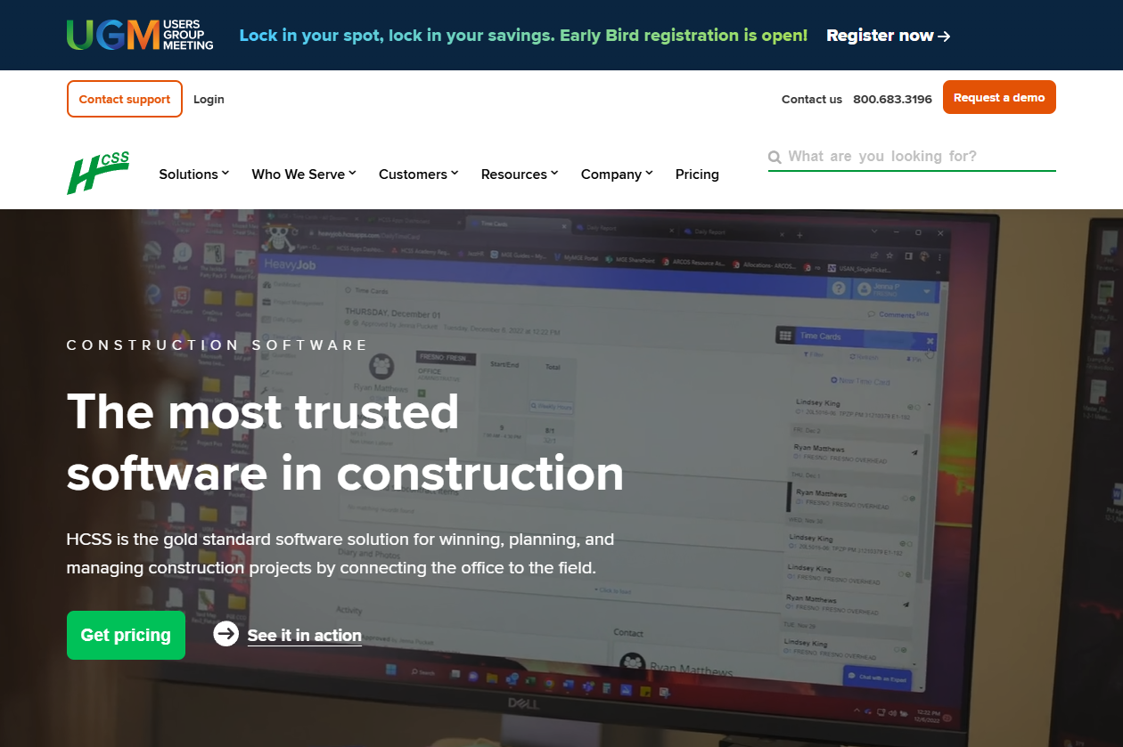 HCSS homepage promoting construction management software, with pricing and product demo buttons over a software dashboard image.