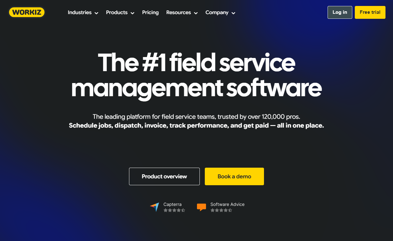 Workiz homepage promoting field service management software, with product overview and demo buttons.