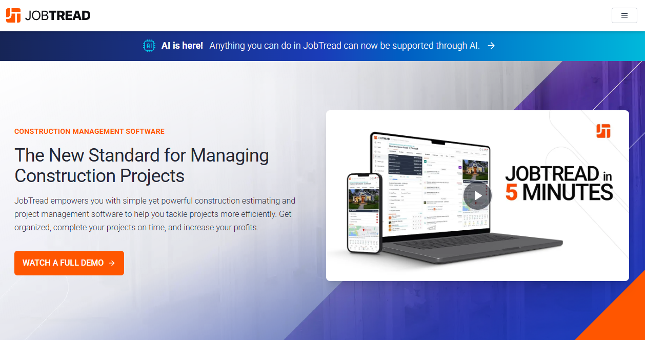 JobTread homepage promoting construction estimating and project management software, with a dashboard preview and “Watch a Full Demo” button.