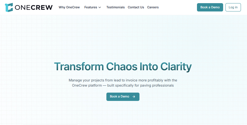 OneCrew homepage promoting project management software for paving professionals, with a “Book a Demo” button.