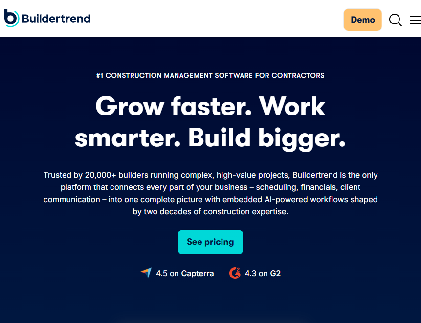 Buildertrend homepage promoting construction management software for contractors, with pricing and customer ratings.