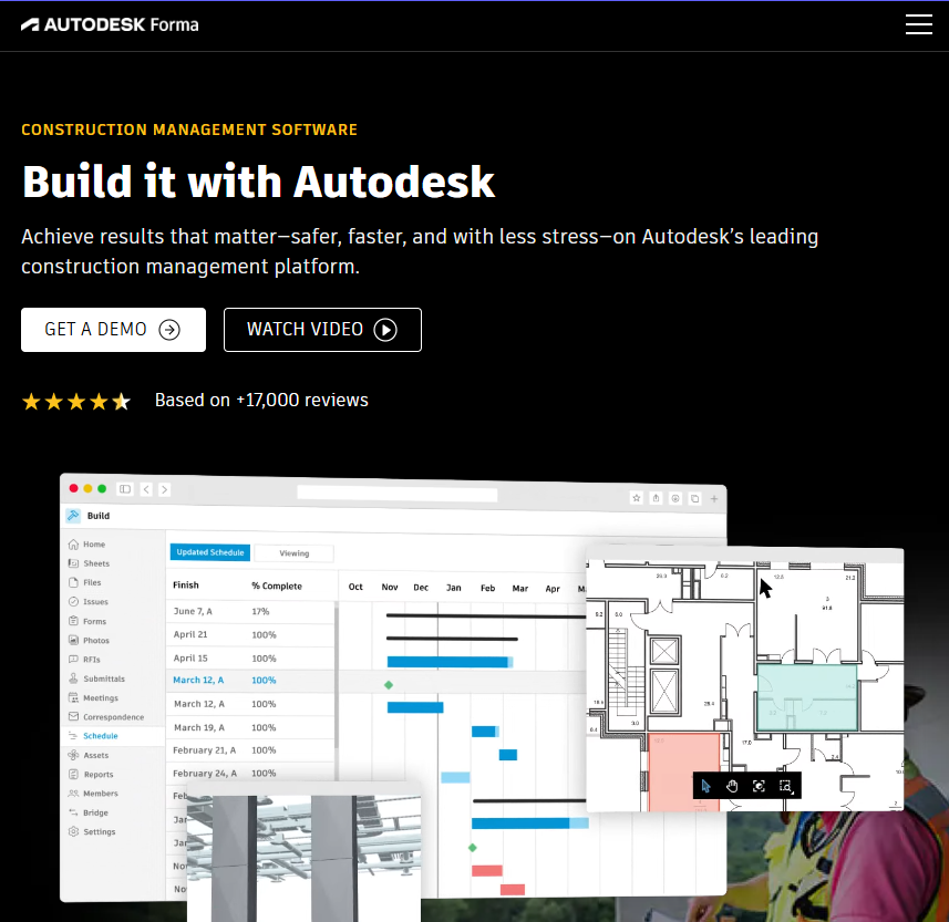 Autodesk construction management software homepage with demo and video buttons, customer ratings, and previews of scheduling and plan tools.