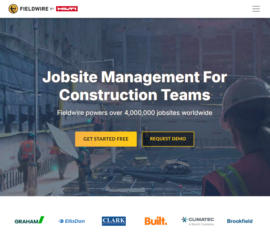 Fieldwire homepage promoting jobsite management software for construction teams, with free-start and demo buttons over a construction site image.