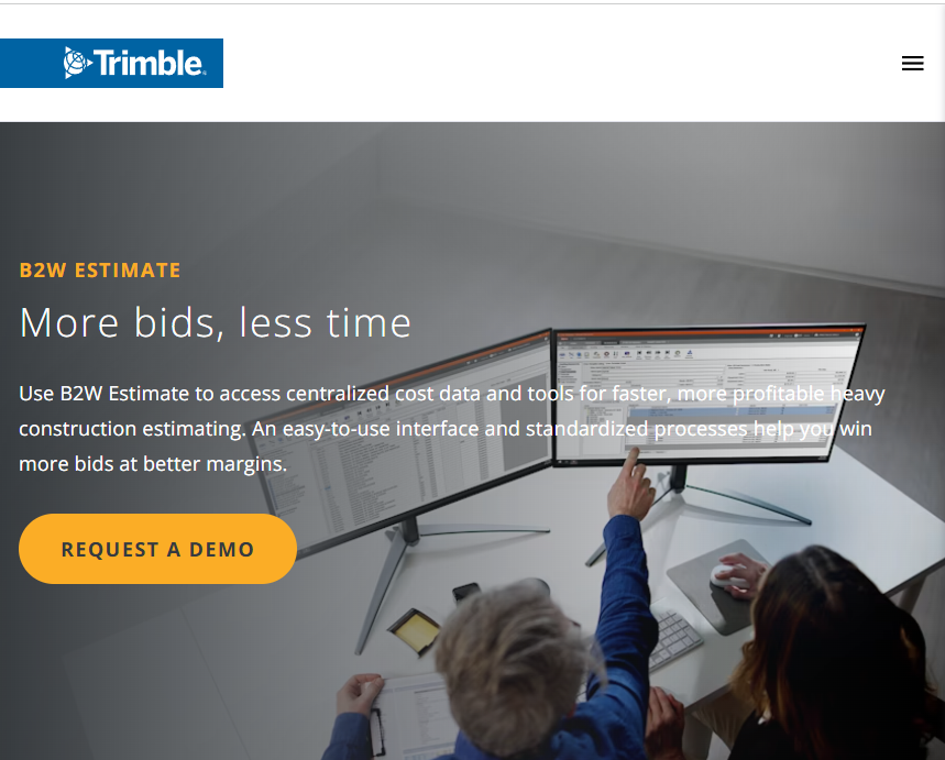 Trimble B2W Estimate webpage promoting heavy construction estimating software, with dual-monitor software screens and a “Request a Demo” button.