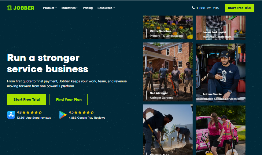 Jobber homepage promoting service business management software, with free-trial options, customer ratings, and photos of service professionals.