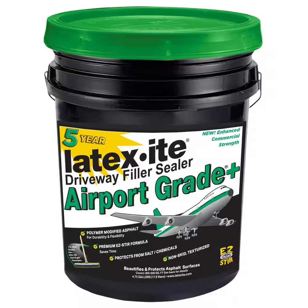 Black 4.75-gallon bucket of Latex-ite Airport Grade+ driveway filler sealer with a green lid.