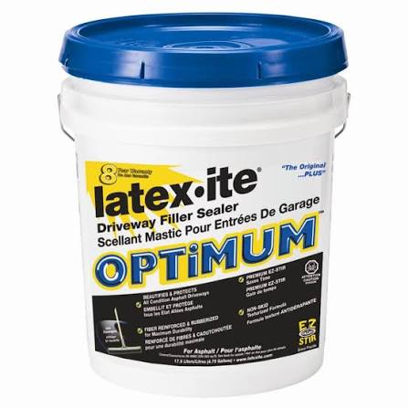 White bucket of Latex-ite Optimum driveway filler sealer with a blue lid.