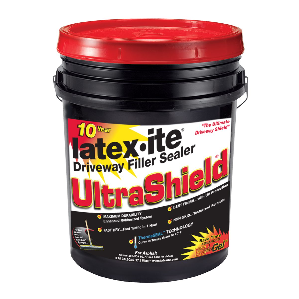 Black 4.75-gallon bucket of Latex-ite UltraShield driveway filler sealer with a red lid.