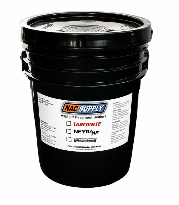 Black bucket of NAC Supply professional-grade asphalt pavement sealer.