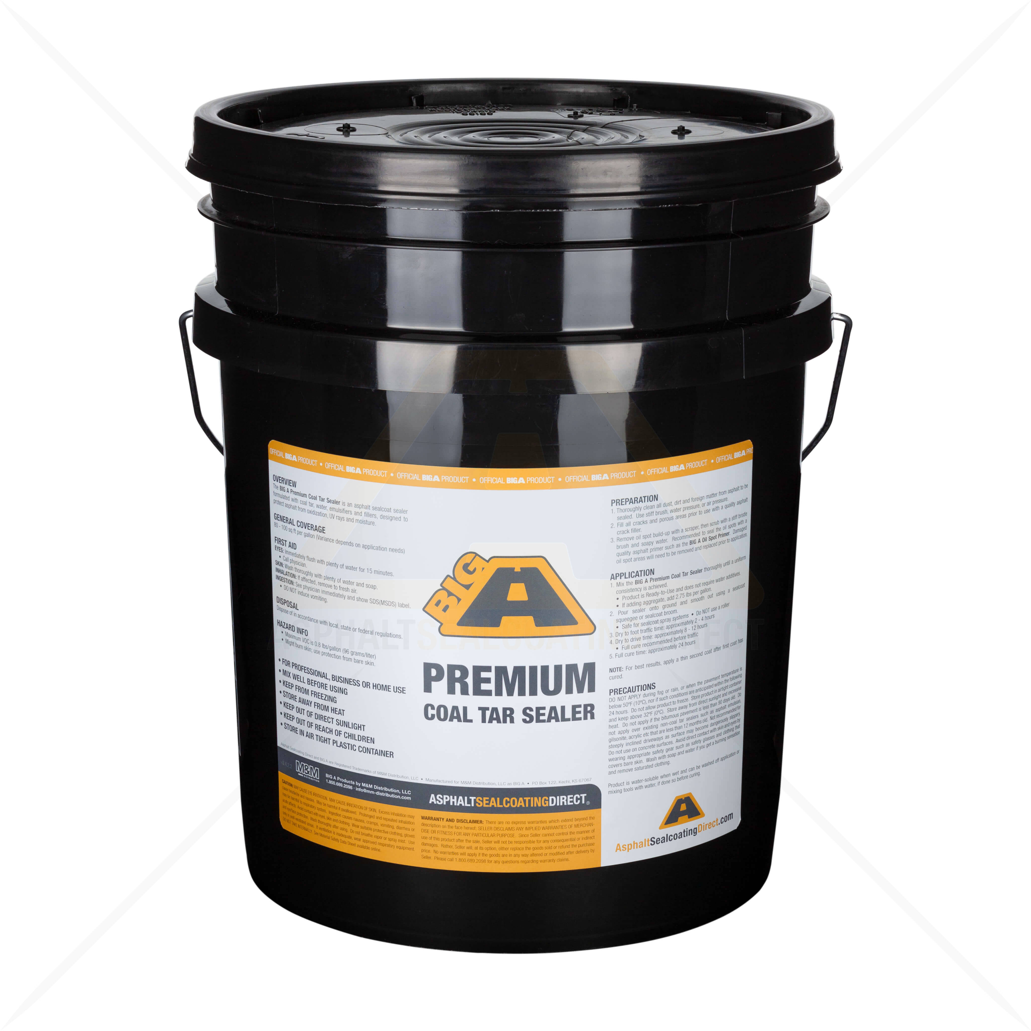Black bucket of BIG A Premium Coal Tar Sealer with application and safety instructions on the label.