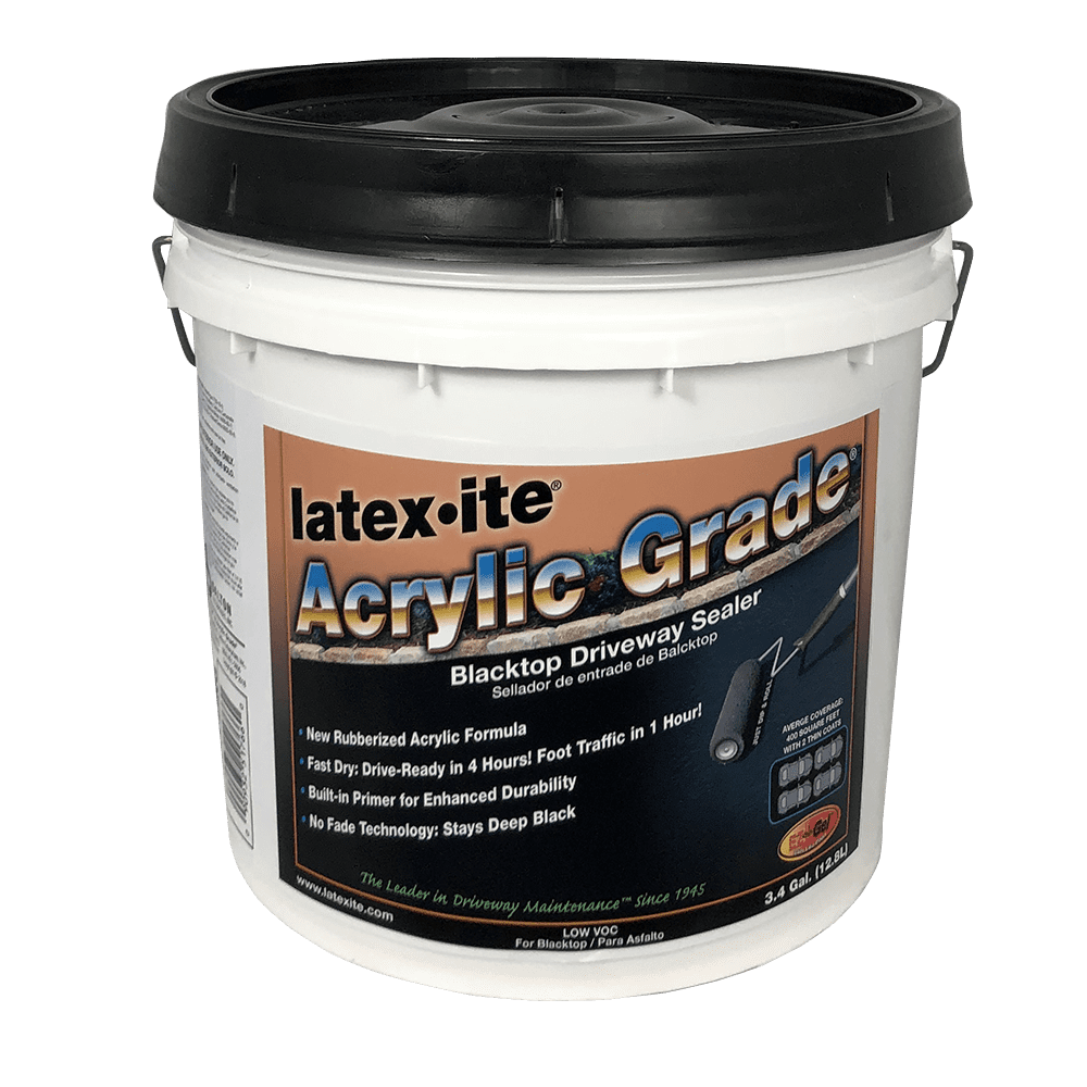 White 3.4-gallon bucket of Latex-ite Acrylic Grade blacktop driveway sealer with a black lid.