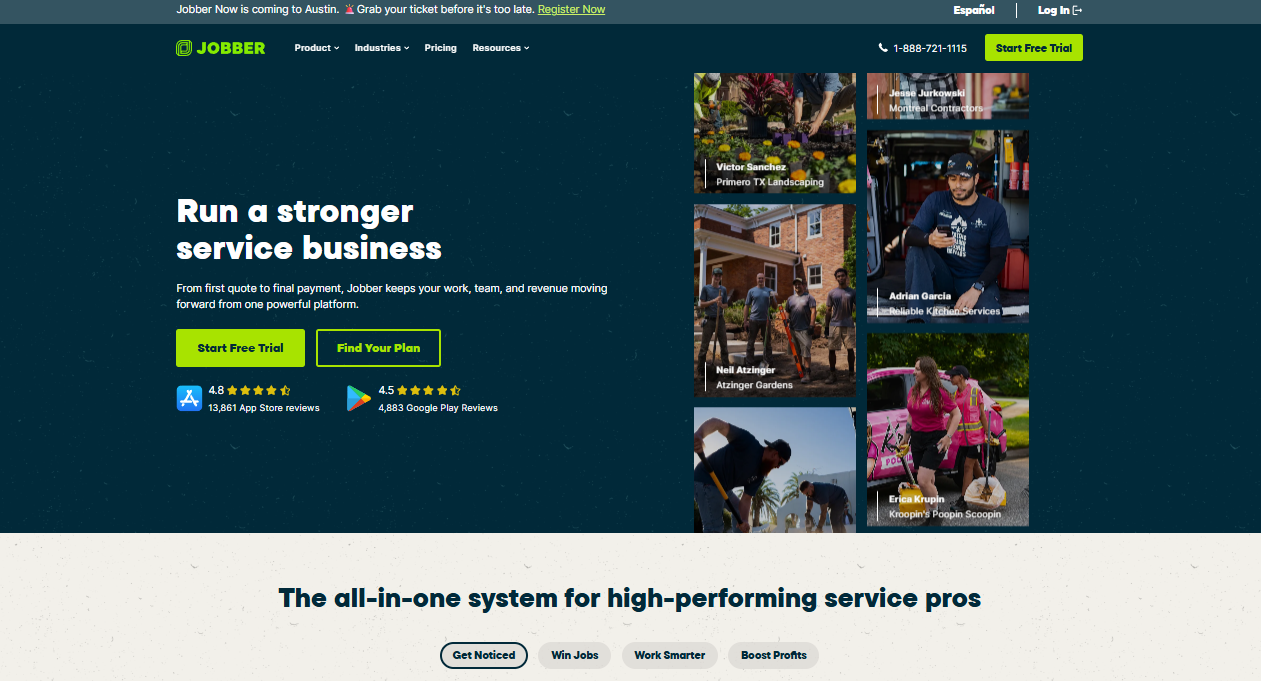 Jobber homepage promoting all-in-one service business software, with free-trial options, customer ratings, and photos of service professionals.
