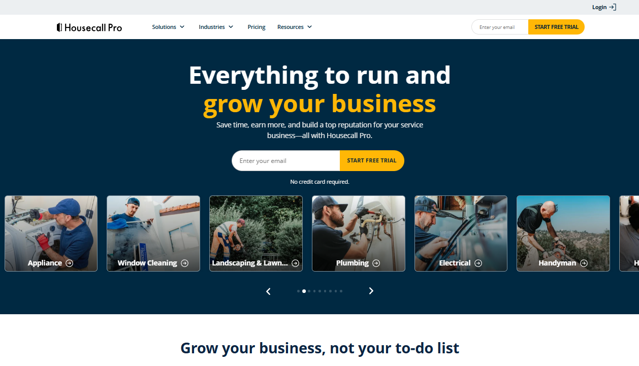 Housecall Pro homepage promoting business management software for home service professionals, with a free-trial form and trade category images.