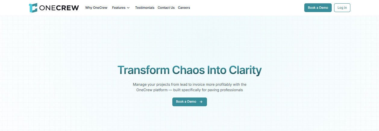 OneCrew homepage promoting project management software for paving professionals, with a “Book a Demo” button.\
