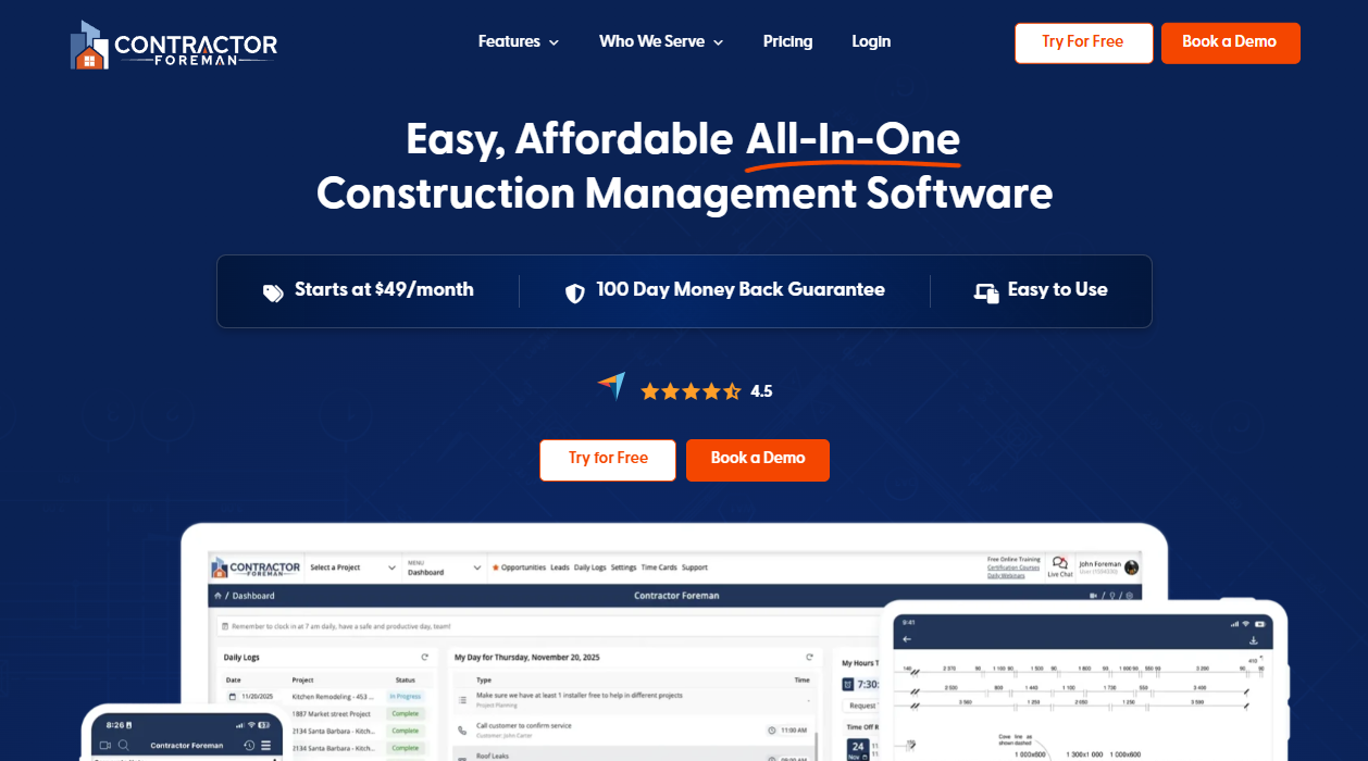 Contractor Foreman homepage promoting affordable all-in-one construction management software, with pricing, a money-back guarantee, ratings, and free-trial options.
