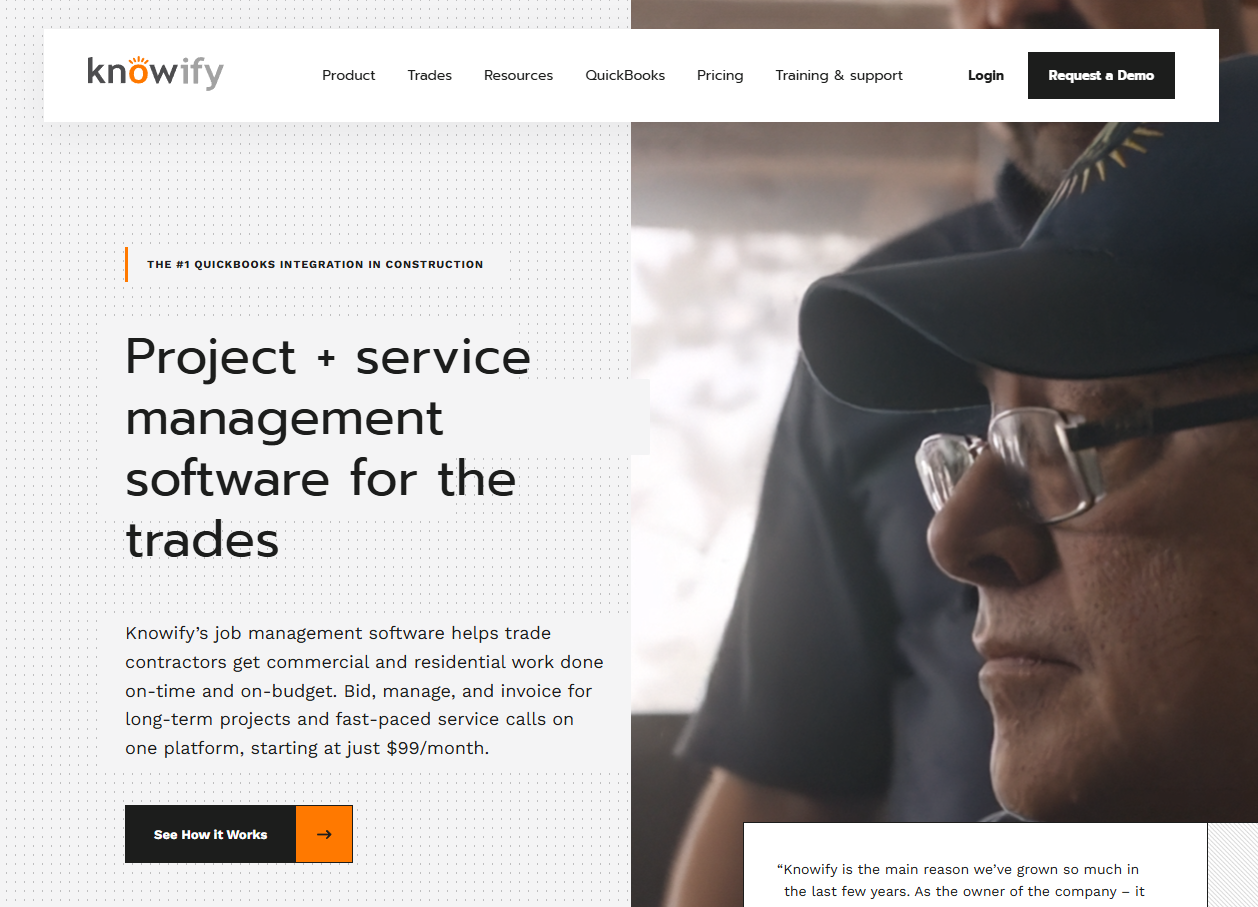 Knowify homepage promoting project and service management software for trade contractors, with a demo button and an image of a worker.