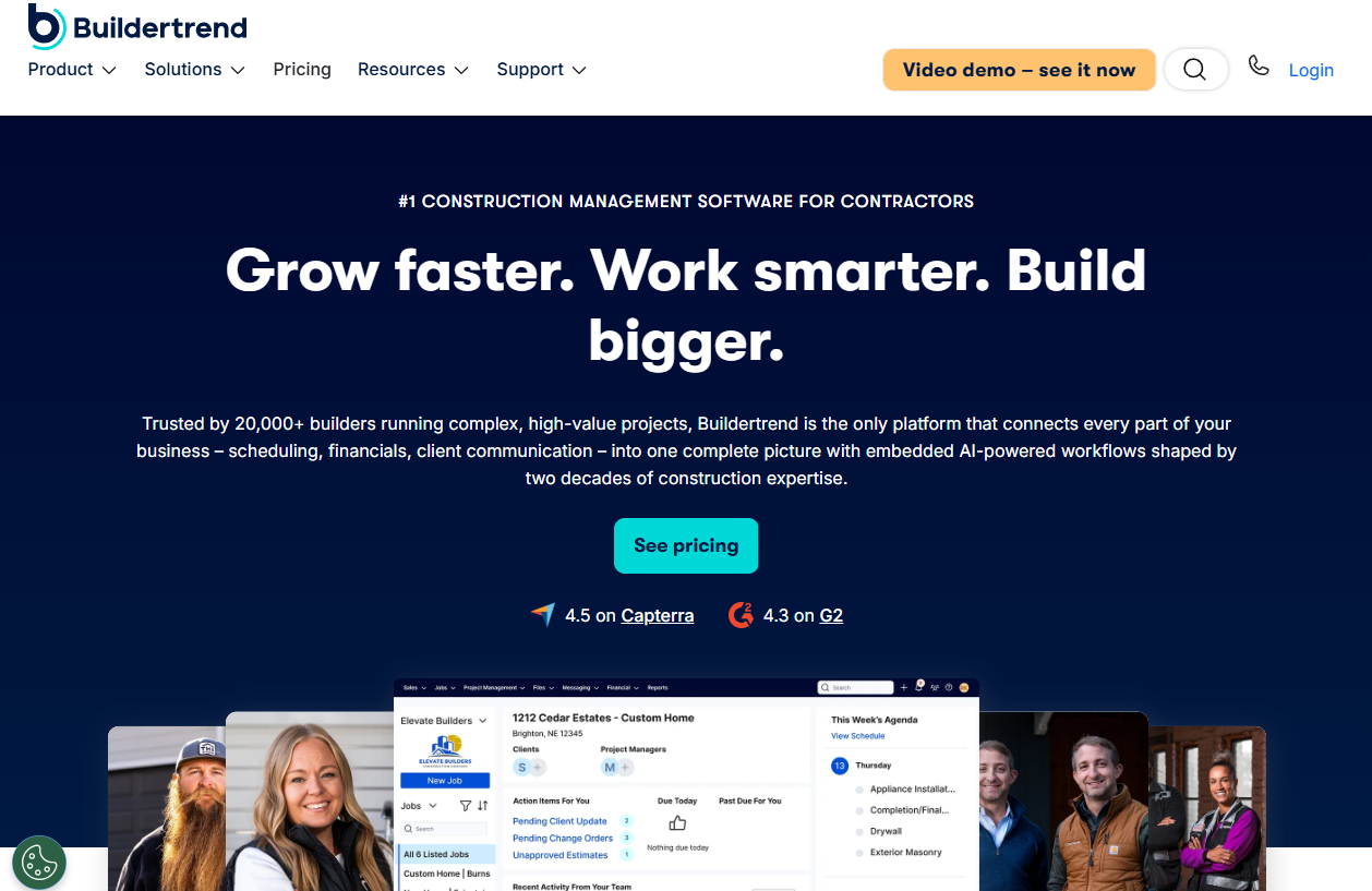 Buildertrend homepage promoting construction management software for contractors, with pricing, customer ratings, and a platform dashboard preview.