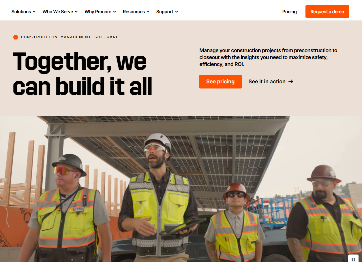 Procore homepage promoting construction management software, with pricing and demo options above an image of construction workers on site.