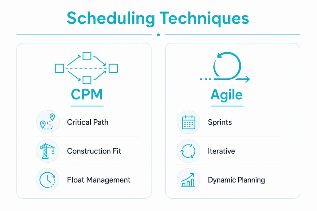Infographic comparing CPM and Agile scheduling techniques