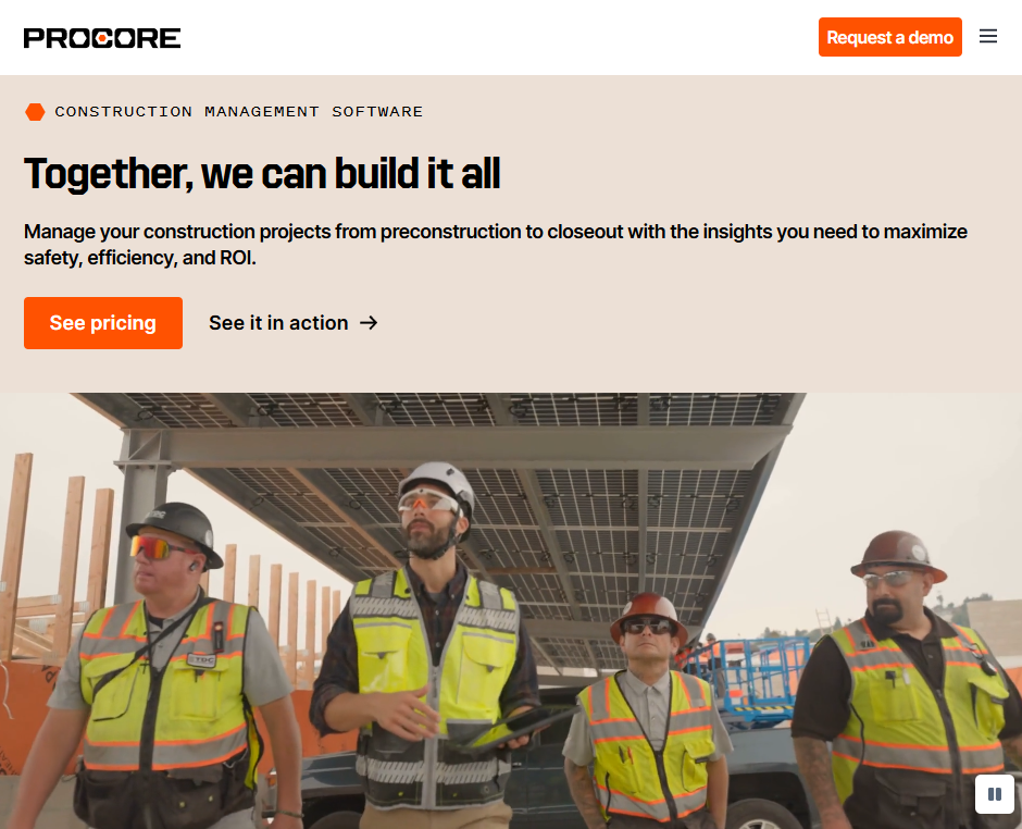 Screenshot of the Procore homepage promoting construction management software with messaging about managing projects from preconstruction to closeout, alongside four construction workers in safety gear standing on an active jobsite.