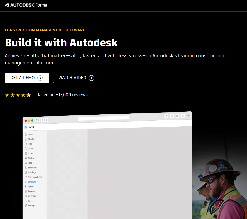 Screenshot of the Autodesk Forma homepage promoting construction management software, featuring the headline "Build it with Autodesk," demo and video call-to-action buttons, a five-star rating based on 17,000+ reviews, and a preview of the Autodesk Build interface alongside construction workers on a jobsite.
