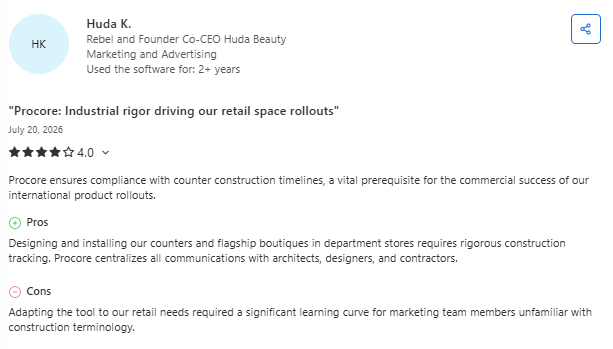 Screenshot of a Capterra review from Huda K. describing Procore as a construction management platform that centralizes communication and project tracking for retail construction rollouts, while noting a learning curve for users unfamiliar with construction workflows.