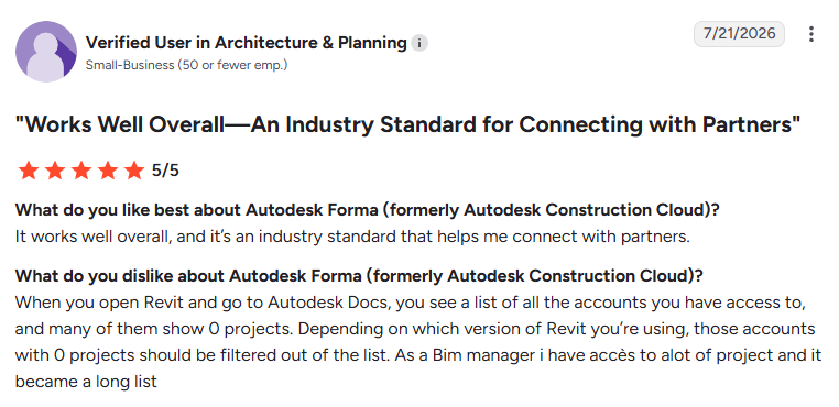 Screenshot of a G2 review from a verified architecture and planning user describing Autodesk Forma as an industry-standard platform for connecting with project partners, while noting that Autodesk Docs can display long lists of inactive accounts with no projects.