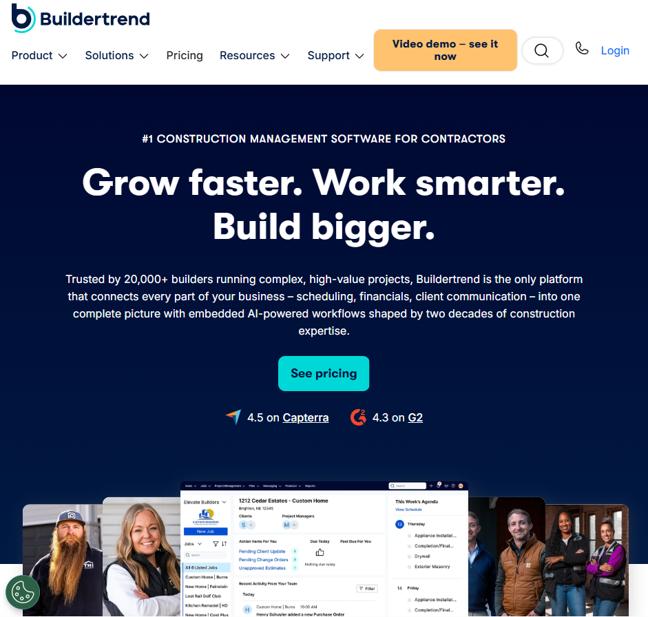 Screenshot of the Buildertrend homepage promoting construction management software with the headline “Grow faster. Work smarter. Build bigger,” highlighting scheduling, financials, client communication, and AI-powered workflows alongside a product dashboard preview and customer images.