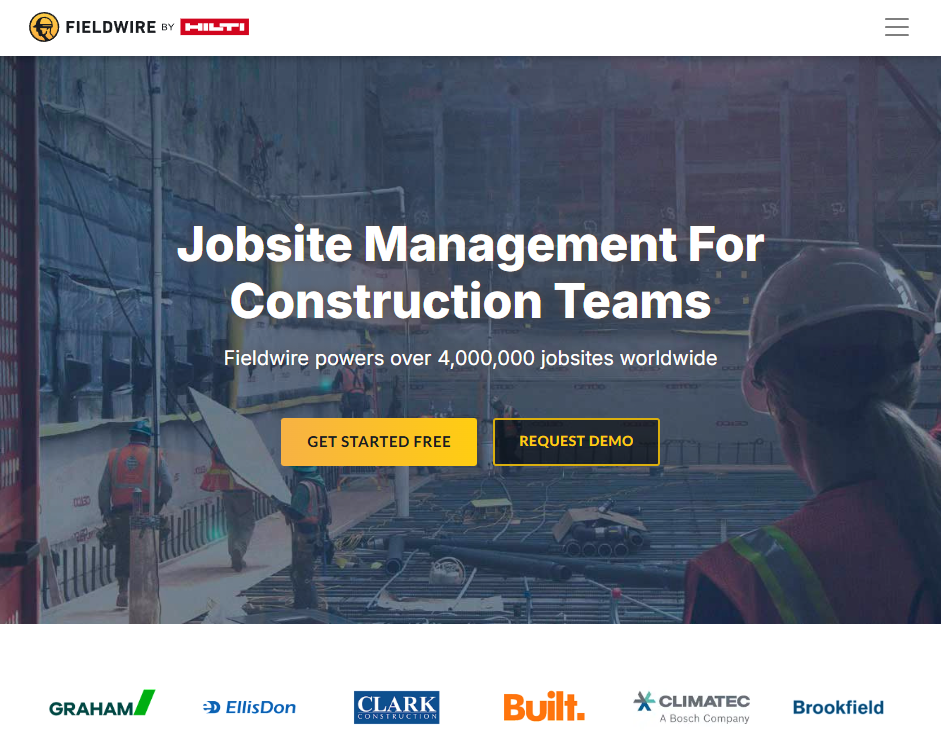 Screenshot of the Fieldwire by Hilti homepage promoting jobsite management software for construction teams, featuring messaging about supporting more than 4 million jobsites worldwide alongside workers on an active construction site and calls-to-action to get started or request a demo.