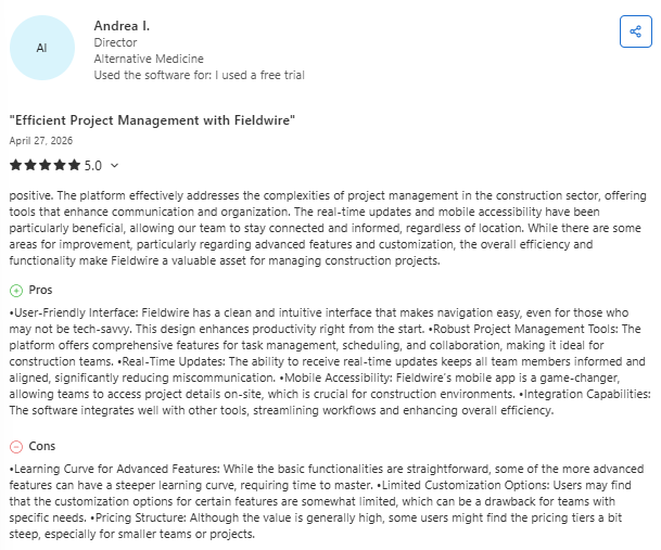 Screenshot of a Capterra review from Andrea I. describing Fieldwire as an intuitive construction project management platform with strong real-time collaboration and mobile accessibility, while noting a learning curve for advanced features, limited customization, and higher pricing for smaller teams.