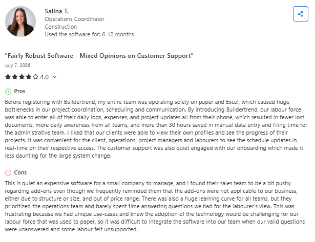 Screenshot of a Capterra review from Salina T., a construction operations coordinator, describing Buildertrend as a robust platform that replaced paper and Excel workflows with centralized scheduling, daily logs, expenses, and project updates, while noting high costs, a steep learning curve, and mixed experiences with customer support.